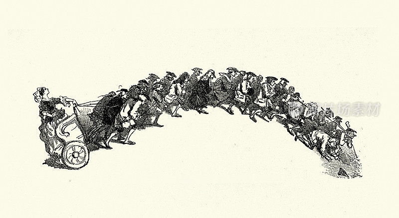 卡通，凯旋战车，一大群男人拉着一个骑在战车上的女人，1858年，amsamdsame de no<s:1>，湛